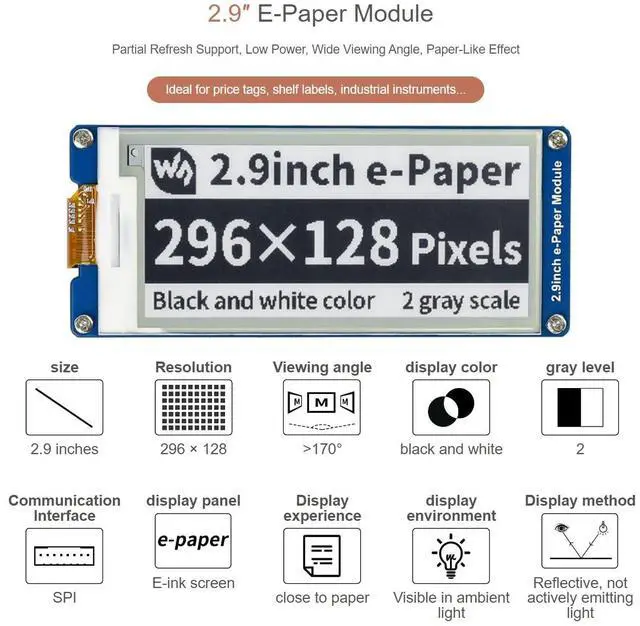 Alt view image 2 of 5 - 2.9inch e-Paper Display Module, 296x128 Resolution 3.3V/5V Two-Color epaper Display E-Ink Screen Module SPI Interface Compatible with Raspberry Pi/Arduino/Jetson Nano,Support Partial Refresh