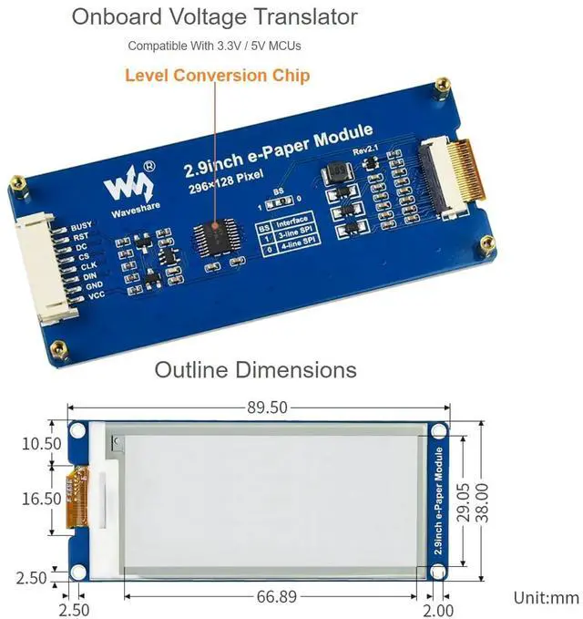 Alt view image 3 of 5 - 2.9inch e-Paper Display Module, 296x128 Resolution 3.3V/5V Two-Color epaper Display E-Ink Screen Module SPI Interface Compatible with Raspberry Pi/Arduino/Jetson Nano,Support Partial Refresh