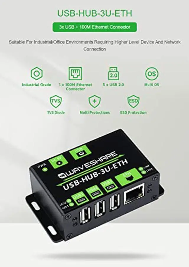 Alt view image 3 of 5 - Waveshare Industrial Grade Multifunctional USB HUB Extending 3X USB Ports + 100M Ethernet Port Suitable for Industrial/Office Environments Requiring Higher Level Device and Network Connection