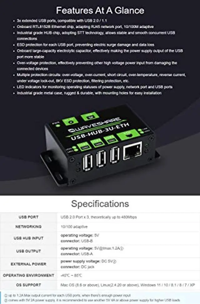 Alt view image 4 of 5 - Waveshare Industrial Grade Multifunctional USB HUB Extending 3X USB Ports + 100M Ethernet Port Suitable for Industrial/Office Environments Requiring Higher Level Device and Network Connection