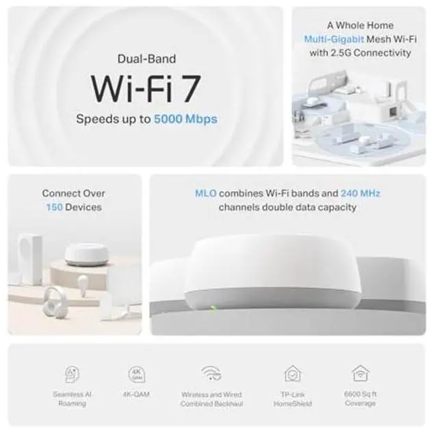Alt view image 3 of 5 - TP-Link Dual-Band BE5000 WiFi 7 Mesh Wi-Fi System (Deco BE25) | 4-Stream 5 Gbps | 240 Mhz Channels | Covers up to 6,600 Sq.Ft | 2X 2.5G Ports Wired Backhaul | VPN,MLO, AI-Roaming, HomeShield (3-Pack)