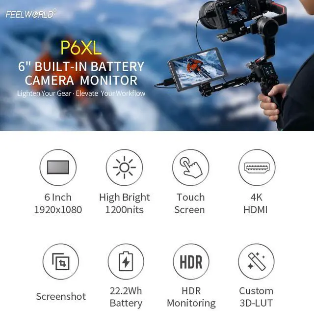 Alt view image 2 of 5 - FEELWORLD P6XL 6 Inch Camera Monitor Built-in Battery,1200nits Bright,Touch Screen,4k HDMI/HDR Monitoring/Custom 3D-LUT