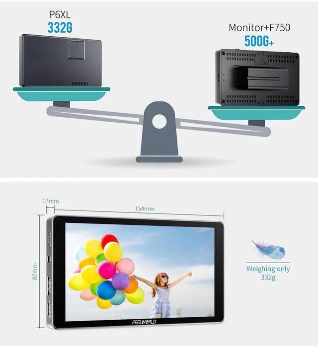Alt view image 3 of 5 - FEELWORLD P6XL 6 Inch Camera Monitor Built-in Battery,1200nits Bright,Touch Screen,4k HDMI/HDR Monitoring/Custom 3D-LUT