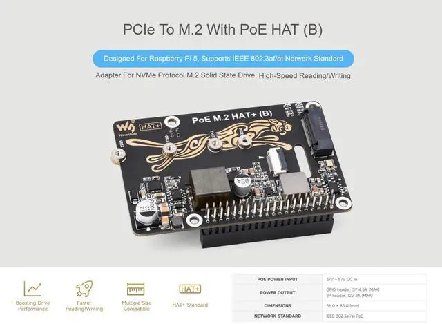 Alt view image 2 of 5 - Waveshare POE M.2 HAT+ (B) for Raspberry Pi 5, PCIe to M.2, Power Over Ethernet, NVMe SSD Support, IEEE 802.3af/at