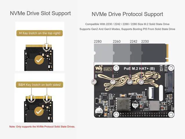 Alt view image 5 of 5 - Waveshare POE M.2 HAT+ (B) for Raspberry Pi 5, PCIe to M.2, Power Over Ethernet, NVMe SSD Support, IEEE 802.3af/at
