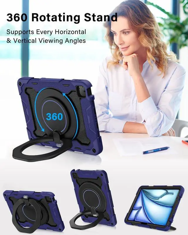 Alt view image 2 of 5 - ROISKIN for iPad Air 11 inch Case (M3 2025/M2 2024)/ Air 6th Generation for Kids with HD Screen Protector, 360 Rotating Kickstand, Shoulder Strap, Rugged Heavy Duty Military Case for iPad Air 11