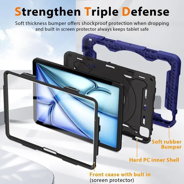 Alt view image 4 of 5 - ROISKIN for iPad Air 11 inch Case (M3 2025/M2 2024)/ Air 6th Generation for Kids with HD Screen Protector, 360 Rotating Kickstand, Shoulder Strap, Rugged Heavy Duty Military Case for iPad Air 11