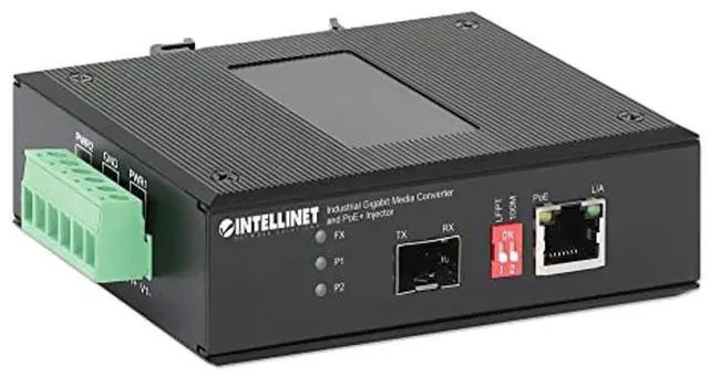 Main image of Intellinet Industrial Gigabit Media Converter & PoE+ Injector-Up to 30W for 1 PD, Handles Extreme Temps, IP40 Metal Housing, DIN-Rail Mountable, 10/100/1000Base-TX RJ45 to SFP-3 Yr Mfg Warranty-508988
