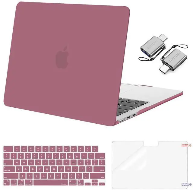 Alt view image 2 of 5 - MOSISO Compatible with MacBook Air 13 inch Case 2024 2023 2022 M3 A3113 M2 A2681 Touch ID, Plastic Hard Shell&Keyboard Cover&Screen Film&Type C Adapter&Polyester Horizontal Bag, Dusty Rose&Wine Red