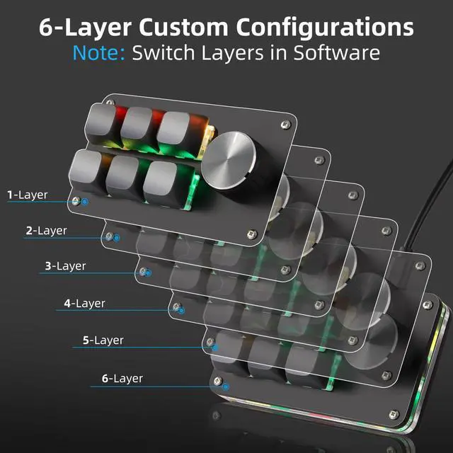 Alt view image 3 of 5 - Koolertron Macro Programmable Keypad, One Handed Programmable Mechanical Keyboard, RGB Blue Switch Hot Swappable, 6 Keys 1 Knob Backlit Keypad for Working and Gaming, Black