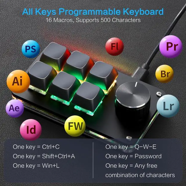 Alt view image 2 of 5 - Koolertron Macro Programmable Keypad, One Handed Programmable Mechanical Keyboard, RGB Blue Switch Hot Swappable, 6 Keys 1 Knob Backlit Keypad for Working and Gaming, Black