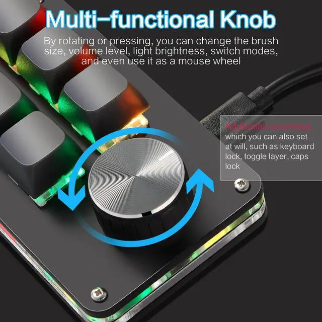 Alt view image 4 of 5 - Koolertron Macro Programmable Keypad, One Handed Programmable Mechanical Keyboard, RGB Blue Switch Hot Swappable, 6 Keys 1 Knob Backlit Keypad for Working and Gaming, Black