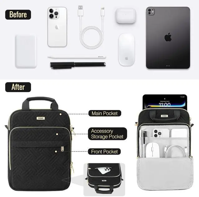 Alt view image 3 of 5 - MoKo 12.9 Inch Puffer Tablet Sleeve Bag for 13" New iPad Pro M4 & Air M2 2024, iPad Pro 12.9" M2&M1, Galaxy Tab S8/S9 Plus 12.4", 360deg Edge Protection Puffy Bag with Handle & Shoulder Strap, Black