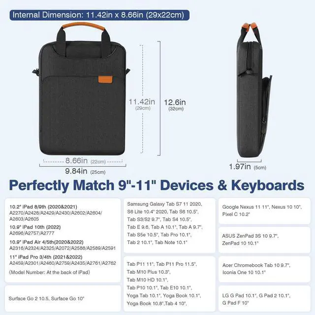 Alt view image 2 of 5 - MoKo 9-11 Tablet Shoulder Sleeve Bag, Fits 11inch iPad Air M3, iPad A16 2025, iPad10/9/8th 10.2, Surface Go 3/2 10.5, Tab S8/S9 11, Polyester Bag with Concealed Hand Strap, Black & Gray