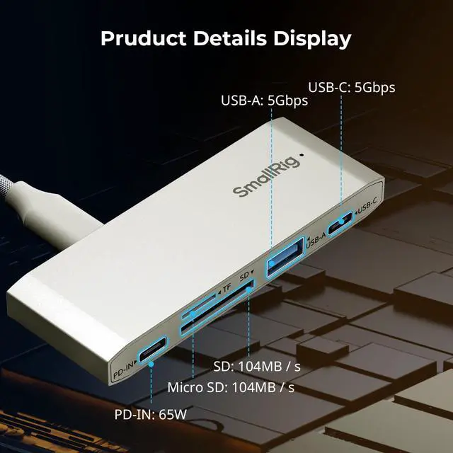 Alt view image 2 of 5 - SmallRig 5-in-1 Memory Card Reader, Dual USB-C & SD/TF Card Slots, 65W PD Charging, for SD, SDHC, SDXC, Micro SD, Micro SDXC, Micro SDHC Cards, Travel Photography - 4746