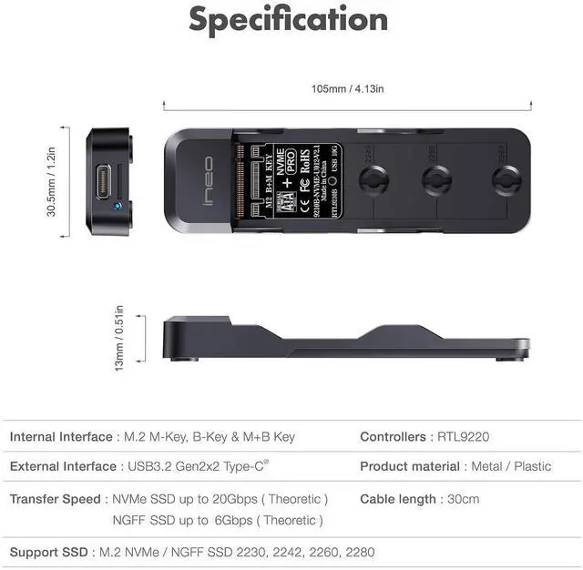 Alt view image 3 of 5 - ineo M.2 NVMe & SATA to USB C 20Gbps Docking Station for M Key, B+M Key Support 2280 2260 2242 2230 SSDs (M.2 20Gb Dock)