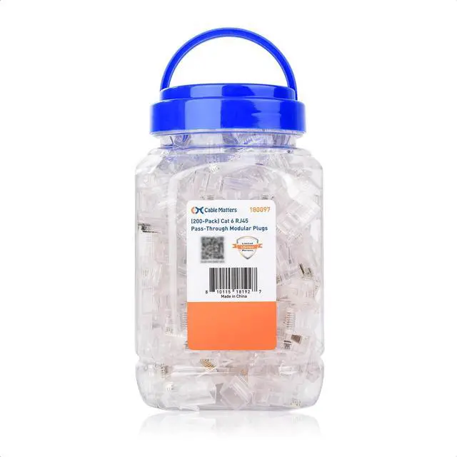 Main image of Cable Matters 200-Pack Cat 6 Pass Through RJ45 Connectors (Cat 6 Ends / Cat6 Connector / RJ45 Modular Plugs/Ethernet Plugs/Network Connector) for Solid or Stranded UTP Ethernet Cable