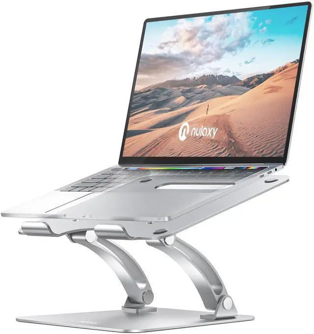 Main image of Nulaxy Fully Adjustable Laptop Stand for Desk, Dual Foldable Aluminum Computer Riser with Heat-Vent, Ergonomic Notebook Holder Portable Office Accessories Compatible with All 10-17" Laptops, Silver