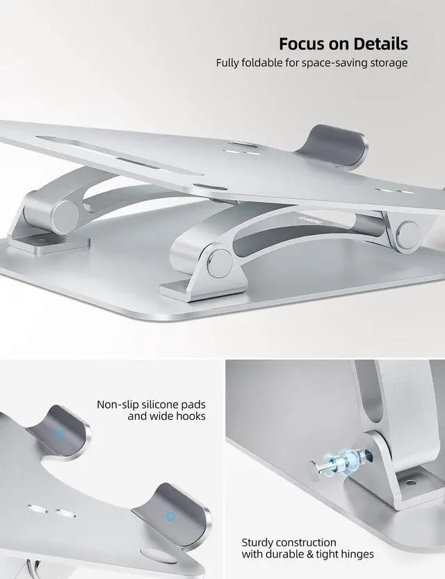 Alt view image 5 of 5 - Nulaxy Fully Adjustable Laptop Stand for Desk, Dual Foldable Aluminum Computer Riser with Heat-Vent, Ergonomic Notebook Holder Portable Office Accessories Compatible with All 10-17" Laptops, Silver
