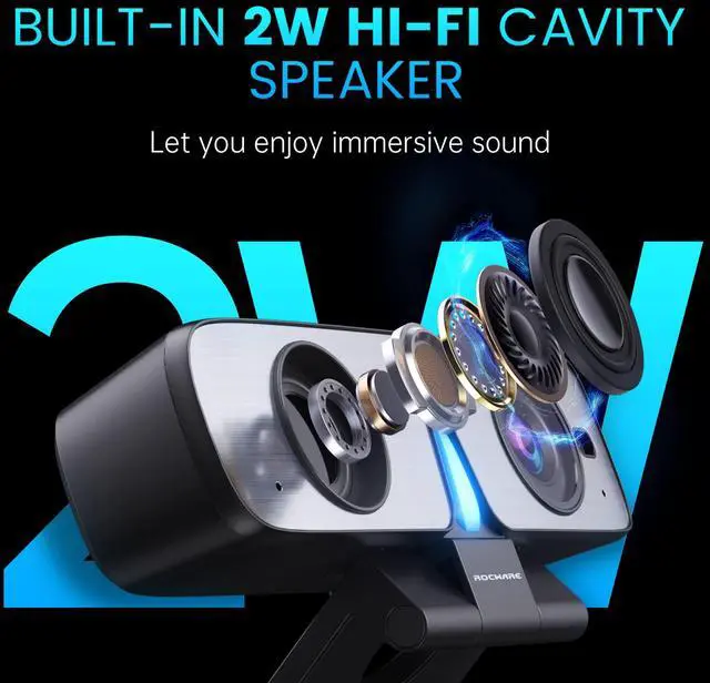 Alt view image 4 of 5 - ROCWARE RC08 2K Webcam with Speaker, Webcam for PC, HD Web Cam with Noise Reduction Mic/Harman Speaker/4X Eptz/Privacy Cover/0.2S Auto-Focus/Low Illumination, Computer Camera for Zoom/Teams/Meeting
