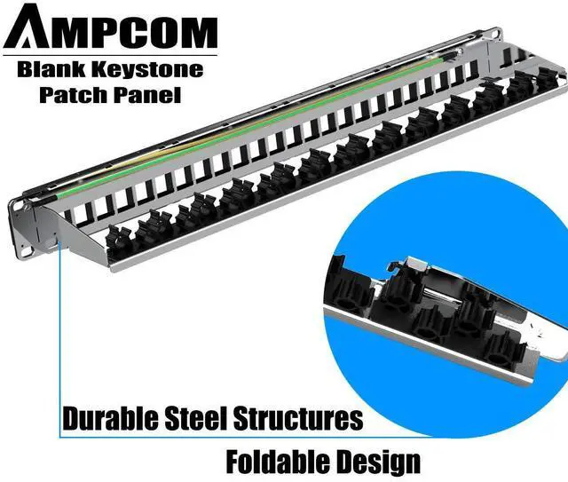 Alt view image 3 of 5 - AMPCOM 24 Ports 1U Blank Keystone Patch Panel, 19 inch Rack or Wall Mount with Rear Cable Management Panel for Ethernet CAT5e/CAT6/CAT7, USB, HDMI
