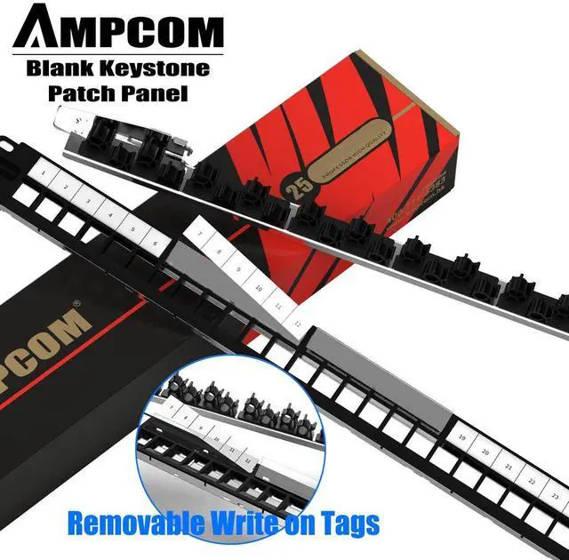 Alt view image 5 of 5 - AMPCOM 24 Ports 1U Blank Keystone Patch Panel, 19 inch Rack or Wall Mount with Rear Cable Management Panel for Ethernet CAT5e/CAT6/CAT7, USB, HDMI