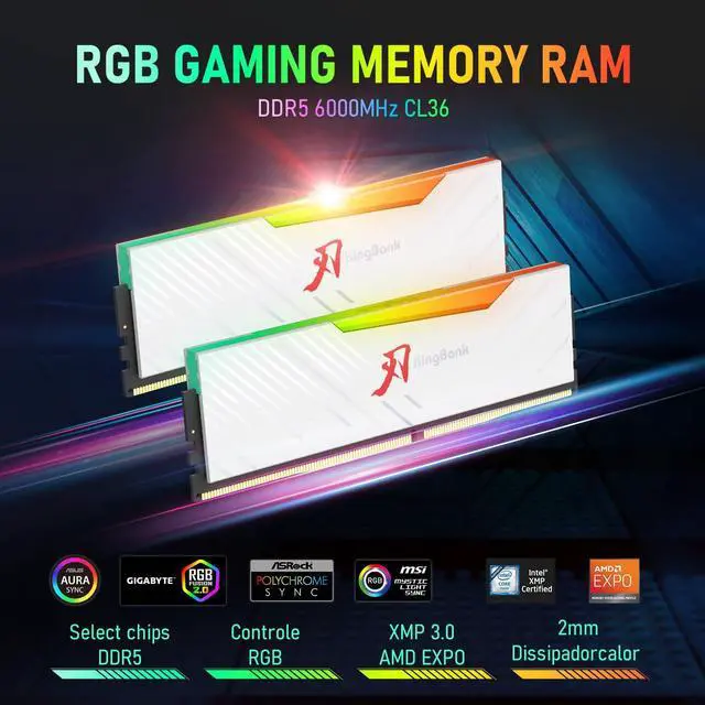 Alt view image 2 of 5 - KingBank RGB Computer Desktop Memory Ram DDR5 32GB(2x16GB) 6000MT/s CL36 1.35V Overclocking XMP 3.0 & AMD Expo with Heatsink for PC Gaming/Office/PS