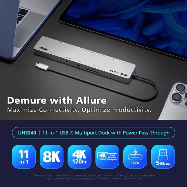 Alt view image 4 of 5 - ATEN UH3240 11-in-1 USB-C 16" USB Hub, Dual Monitor 4K 120Hz Supports 8K 7680 x 4320 HDMI Display 100W Power Delivery PD 3.0 Compatible with macOS, Windows, Computer Laptops, iOS, iPadOS, Android