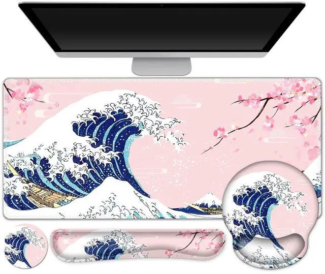Main image of Gaming Mouse Pad, Large Desk Mat, Cute Desk Pad Protector, Pink Cherry Blossoms XXL Mousepad + Keyboard Wrist Rest+Mouse Wrist Rest+Coaster Set with Ergonomic Desk Pad, Japanese Wave of Kanagawa
