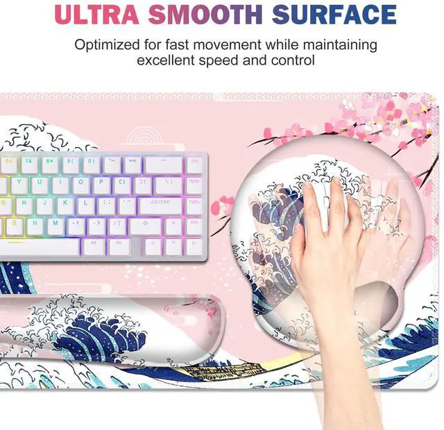 Alt view image 2 of 5 - Gaming Mouse Pad, Large Desk Mat, Cute Desk Pad Protector, Pink Cherry Blossoms XXL Mousepad + Keyboard Wrist Rest+Mouse Wrist Rest+Coaster Set with Ergonomic Desk Pad, Japanese Wave of Kanagawa