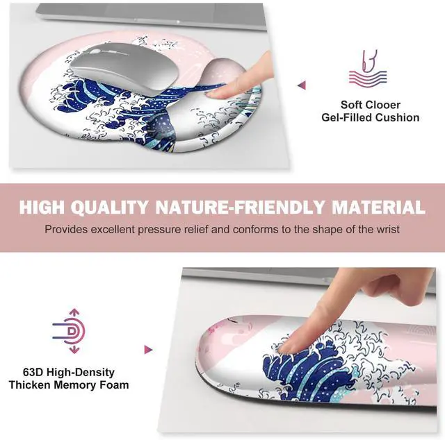 Alt view image 3 of 5 - Gaming Mouse Pad, Large Desk Mat, Cute Desk Pad Protector, Pink Cherry Blossoms XXL Mousepad + Keyboard Wrist Rest+Mouse Wrist Rest+Coaster Set with Ergonomic Desk Pad, Japanese Wave of Kanagawa