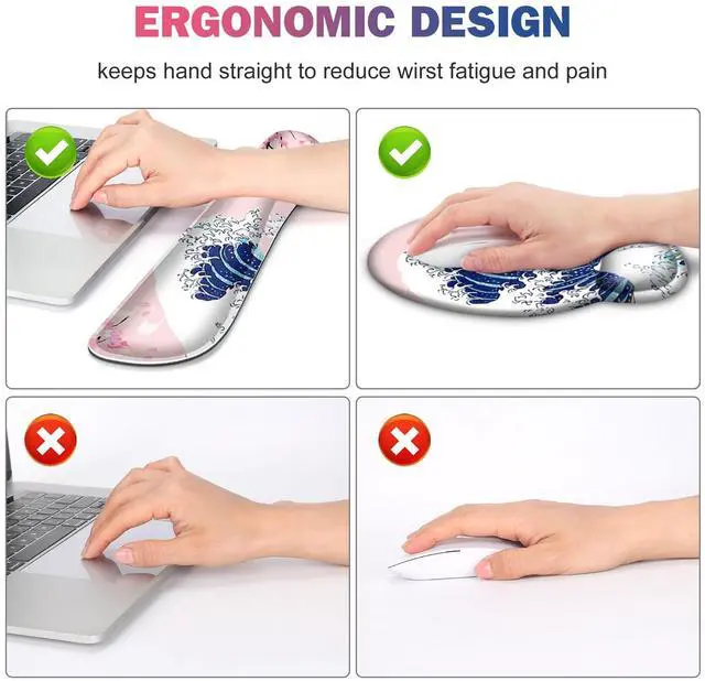 Alt view image 4 of 5 - Gaming Mouse Pad, Large Desk Mat, Cute Desk Pad Protector, Pink Cherry Blossoms XXL Mousepad + Keyboard Wrist Rest+Mouse Wrist Rest+Coaster Set with Ergonomic Desk Pad, Japanese Wave of Kanagawa