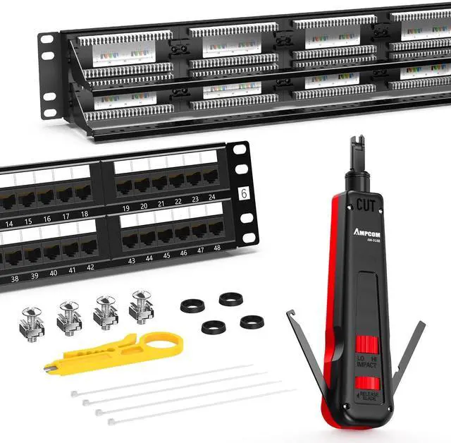 Main image of AMPCOM Premium Series CAT6 48 Ports Patch Panel, Rack Mount - 2U, 19 inch,with Rear Cable Support Bar, Including RJ45 Punch Down Tool with Cable Hook - AM-918B