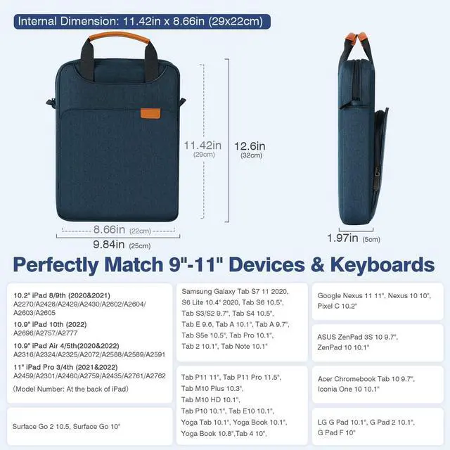 Alt view image 2 of 5 - MoKo 9-11 Tablet Shoulder Sleeve Bag, Fits 11inch iPad Air M3, iPad A16 /10/9/8th 10.2, Surface Go 3/2 10.5, Tab S8/S9 11, Polyester Bag with Concealed Hand Strap, Indigo