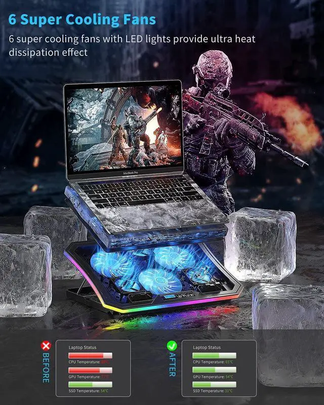 Alt view image 2 of 5 - KeiBn Upgarde Laptop Cooling Pad, RGB Lights Laptop Cooler 6 Fans for 15.6-17.3 Inch Laptops, 7 Height Stands, 10 Modes Light, 2 USB Ports, Desk or Lap Use (A8,Blue)