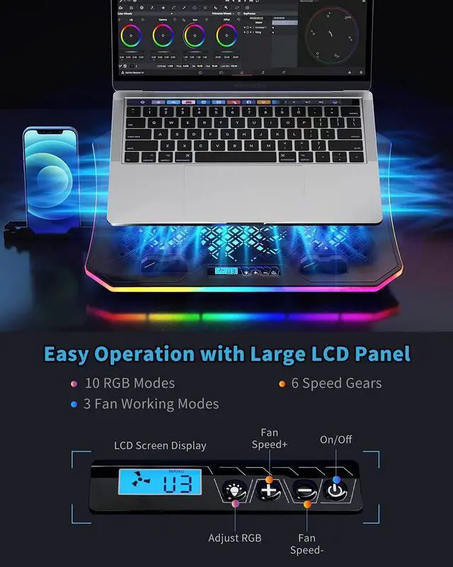 Alt view image 3 of 5 - KeiBn Upgarde Laptop Cooling Pad, RGB Lights Laptop Cooler 6 Fans for 15.6-17.3 Inch Laptops, 7 Height Stands, 10 Modes Light, 2 USB Ports, Desk or Lap Use (A8,Blue)