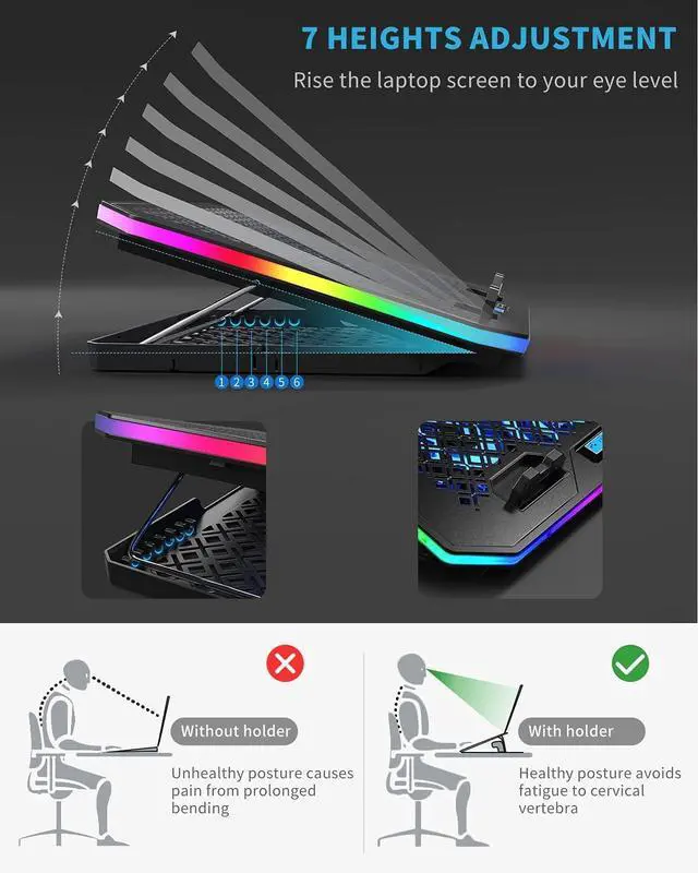 Alt view image 4 of 5 - KeiBn Upgarde Laptop Cooling Pad, RGB Lights Laptop Cooler 6 Fans for 15.6-17.3 Inch Laptops, 7 Height Stands, 10 Modes Light, 2 USB Ports, Desk or Lap Use (A8,Blue)