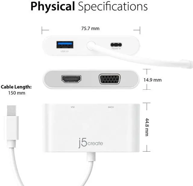 Alt view image 3 of 5 - j5create USB-C to HDMI & VGA Adapter with USB 3.0 Port & USB-C Power Delivery Charging Port
