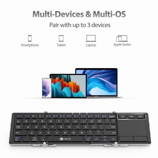 Alt view image 2 of 5 - iClever Foldable Keyboard, BK08 Foldable Bluetooth Keyboard with Touchpad, Aluminum Build, USB-C Charge, Equipped with Stand Holder and Carrying Bag, Portable for Laptop, iPad, iPhone, Silver