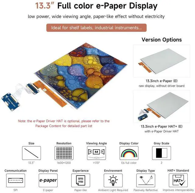 Alt view image 3 of 5 - Waveshare 13.3inch E Ink Spectra 6 (E6) Full Color E-Paper Display, Compatible with Raspberry Pi 5/4B, 1600x1200, SPI, with HAT+ Standard Driver HAT