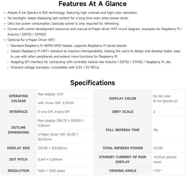 Alt view image 4 of 5 - Waveshare 13.3inch E Ink Spectra 6 (E6) Full Color E-Paper Display, Compatible with Raspberry Pi 5/4B, 1600x1200, SPI, with HAT+ Standard Driver HAT