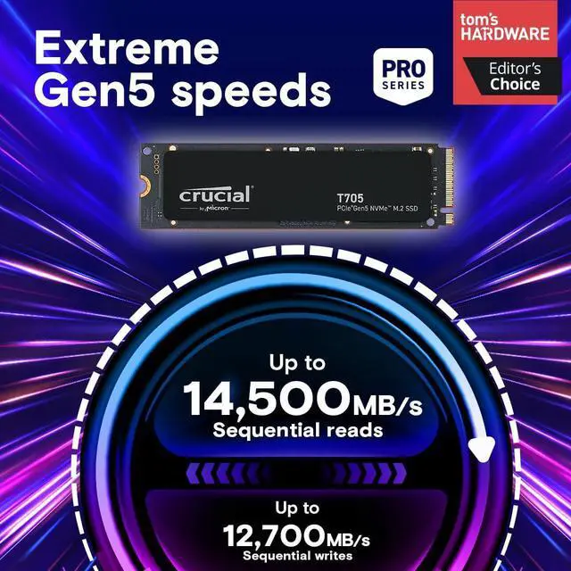 Alt view image 2 of 5 - Crucial T705 2TB PCIe Gen5 NVMe M.2 SSD - Up to 14,500 MB/s - Game Ready - Internal Solid State Drive (PC) - +1mo Adobe CC - CT2000T705SSD3