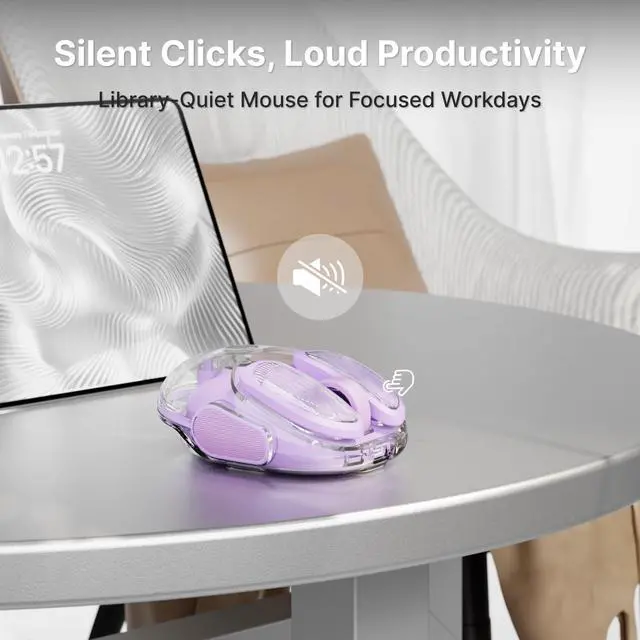 Alt view image 4 of 5 - SEUNKWANG EWEADN Q9 Wireless Clear Mouse Dual Mode Bluetooth & 2.4G USB Computer Mouse with RGB Lighting, Silent Clicks, Multi-Device Compatibility for Laptop, PC, MacBook, iPad Cute Mouse-Purple