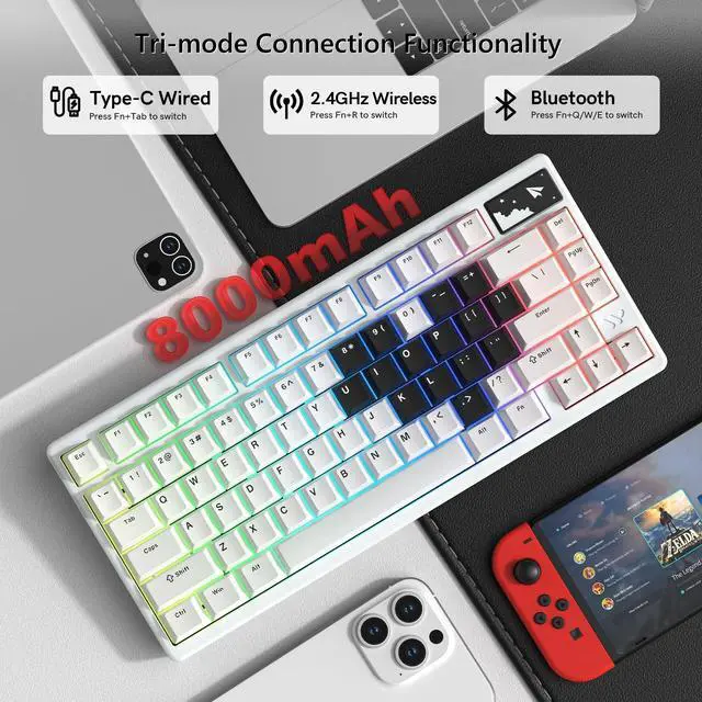 Alt view image 3 of 5 - Womier 75% Keyboard QMK/VIA, Wireless Keyboard Gaming CNC Aluminum, Tri-Mode Mechanical Key Board with 8000mAh Battery Custom Hot Swappable RGB Backlit for Windows/Mac/PC (White)
