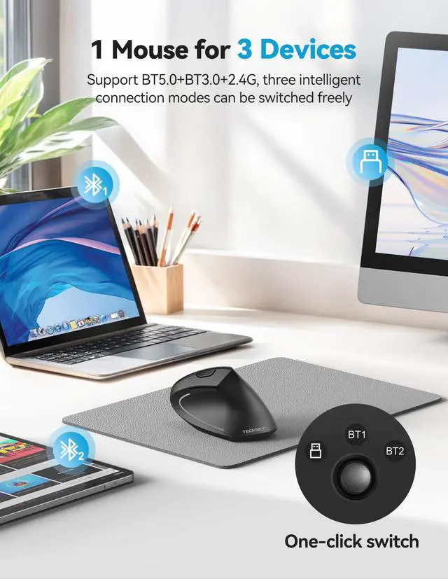 Alt view image 2 of 5 - TECKNET Ergonomic Mouse with Jiggler, Bluetooth Wireless Vertical Mouse, 4800DPI Rechargeable Carpal Tunnel Mouse, Undetectable Random Movement Keeps Computers Awake for PC, Laptop