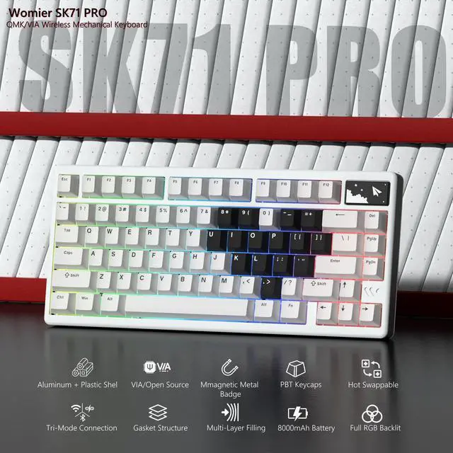 Alt view image 4 of 5 - Womier 75% Keyboard QMK/VIA, Wireless Keyboard Gaming CNC Aluminum, Tri-Mode Mechanical Key Board with 8000mAh Battery Custom Hot Swappable RGB Backlit for Windows/Mac/PC (White)