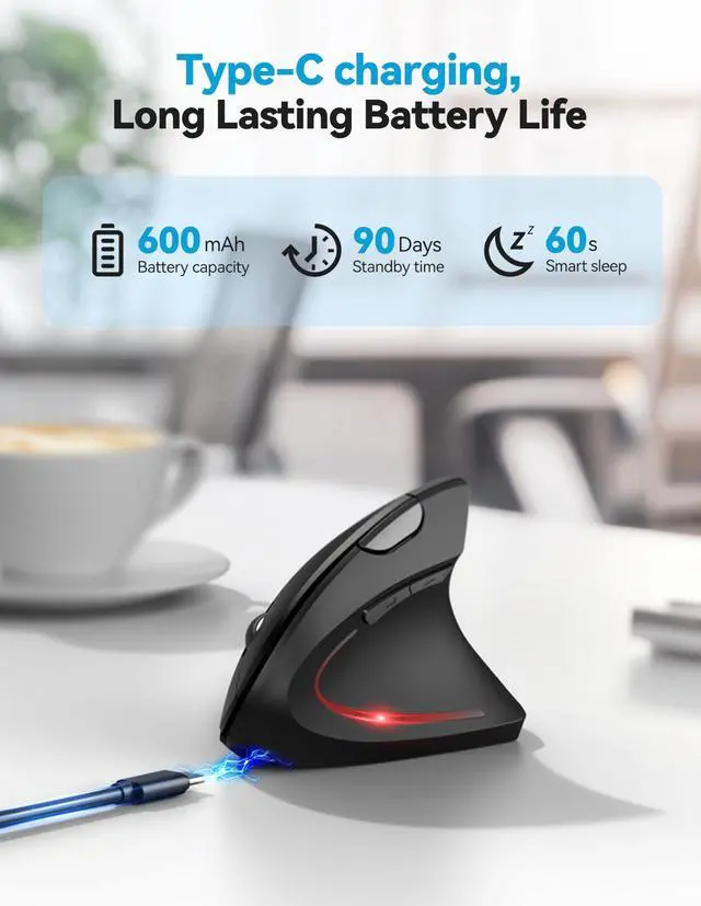 Alt view image 4 of 5 - TECKNET Ergonomic Mouse with Jiggler, Bluetooth Wireless Vertical Mouse, 4800DPI Rechargeable Carpal Tunnel Mouse, Undetectable Random Movement Keeps Computers Awake for PC, Laptop