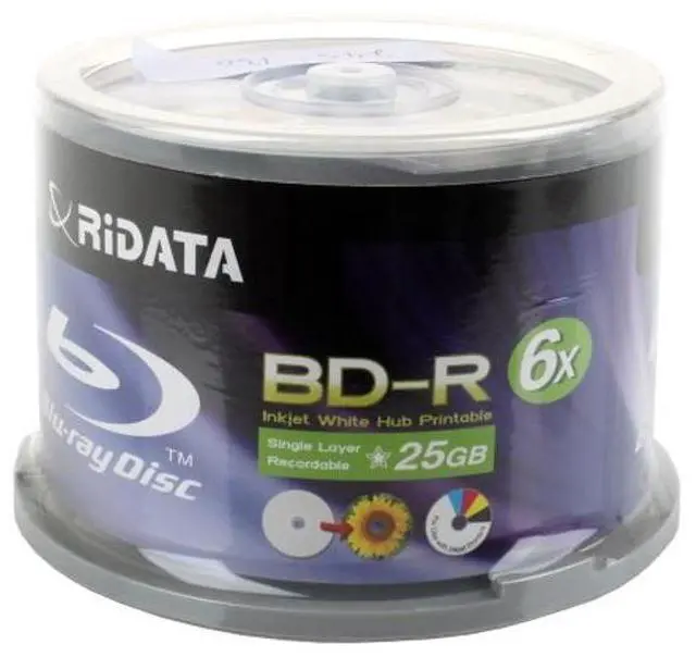 Main image of Ridata BD-R 6X 25GB Blu-ray Media White Inkjet Hub Printable Disc, Pack of 50