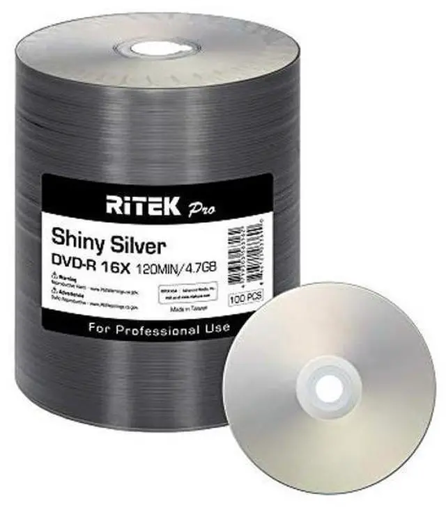 Main image of 100 Pack Ritek Pro (Professional Grade) DVD-R 16X 4.7GB AZO Dye (MID MXL RG04) Shiny Silver Lacquer Silk Screen Printable Blank Media Recordable Disc