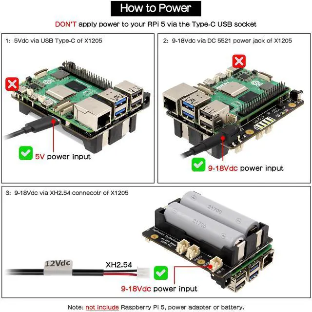 Alt view image 3 of 5 - Geekworm X1205 5V UPS HAT Shield for Raspberry Pi 5|Max 5.1V 6A Output|Wide 9-18V Input|Auto Power On|Safe Shutdown|Power Loss Detection Function